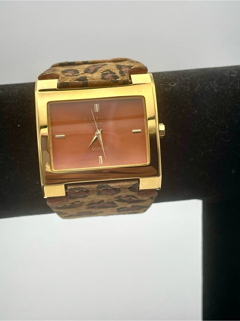 Joan Rivers Gold-Tone Rectangular Watch with Leopard Brown Leather Band. Sz.8